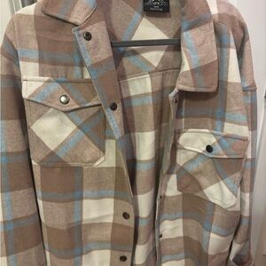 Plaid Shacket Jacket in Beige, Cream & Light Blue